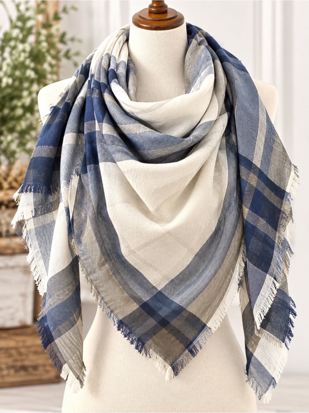Blue Khaki White Oversized Plaid Square Scarf Wrap 44x44 Frayed Edge